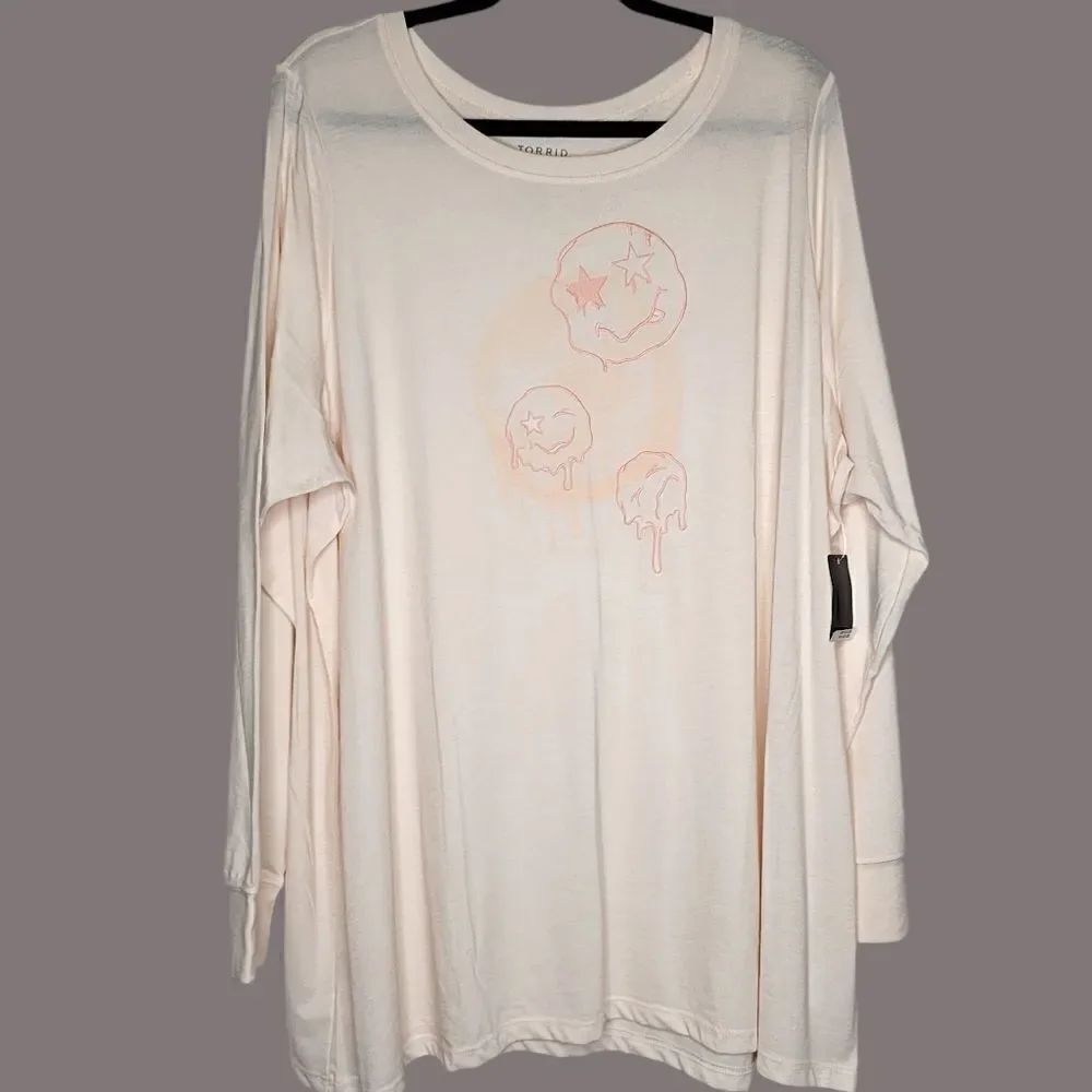 5X 28W Torrid Torrid Cream Pink Doodles Sketch Tattoo Happy Face Long Sleeve Tee